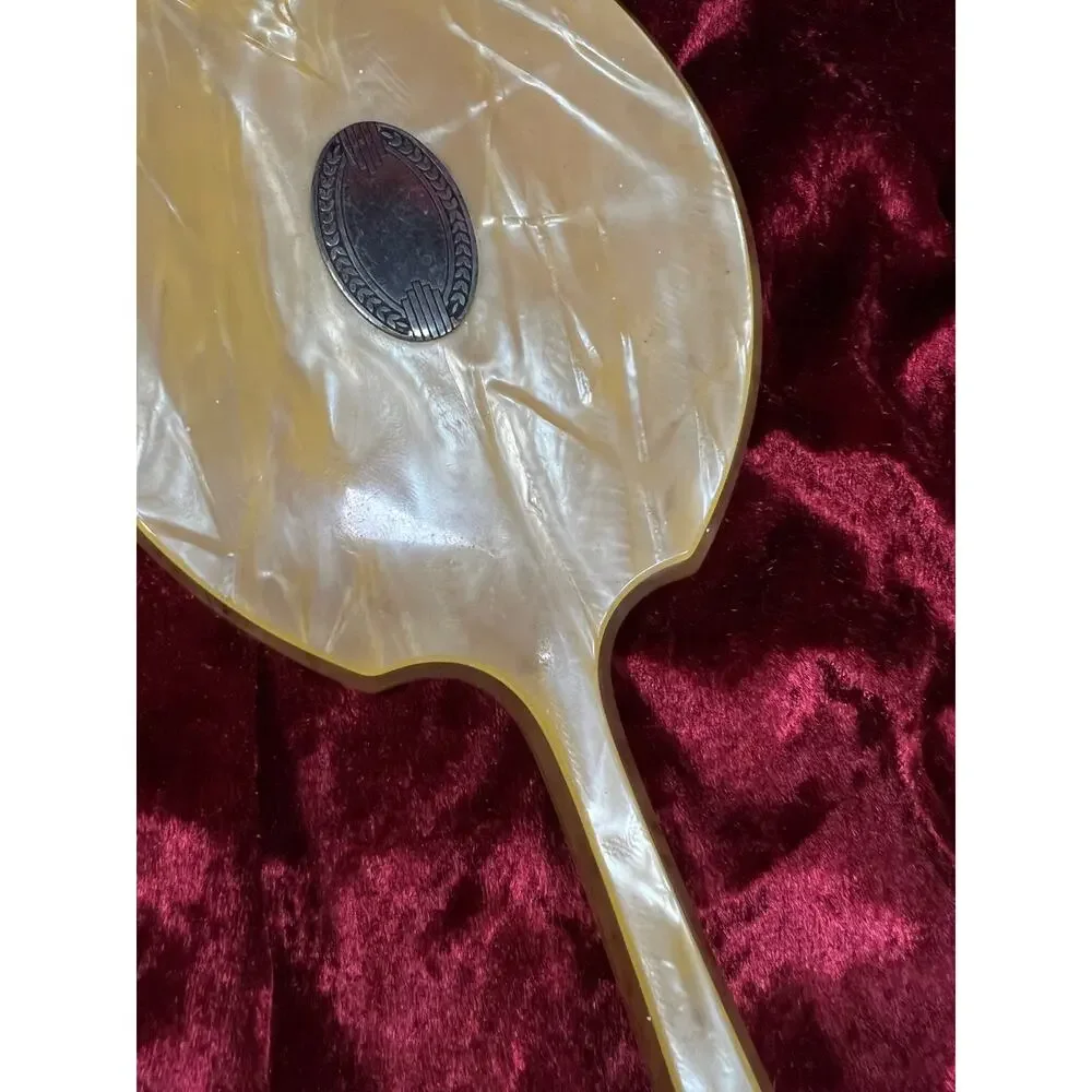 Vintage Art Deco Celluloid Vanity Hand Mirror Faux Mother of Pearl Orange Swirl